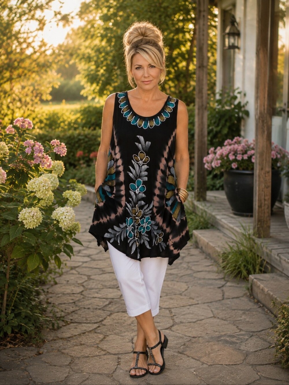 Sleeveless Black Floral Tie-Dye Tunic with Teal Accents - Women